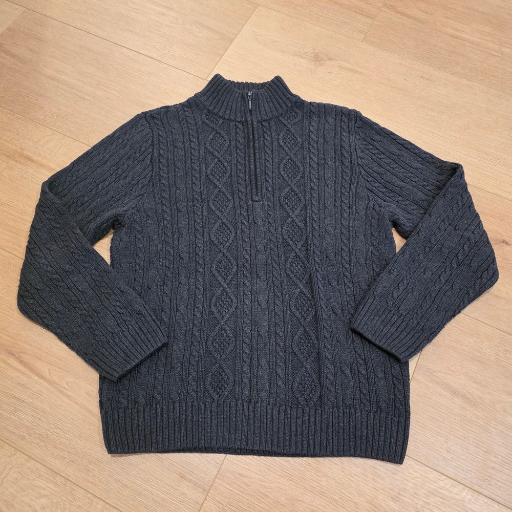 JEANNE PIERRE Cable Knit Quarter Zip Sweater Mens XL Charcoal Gray 100% Cotton